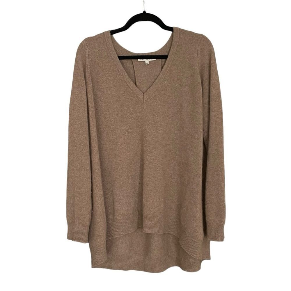 REBECCA MINKOFF Cashmere V-Neck Long Sleeve High Low Sweater Brown S